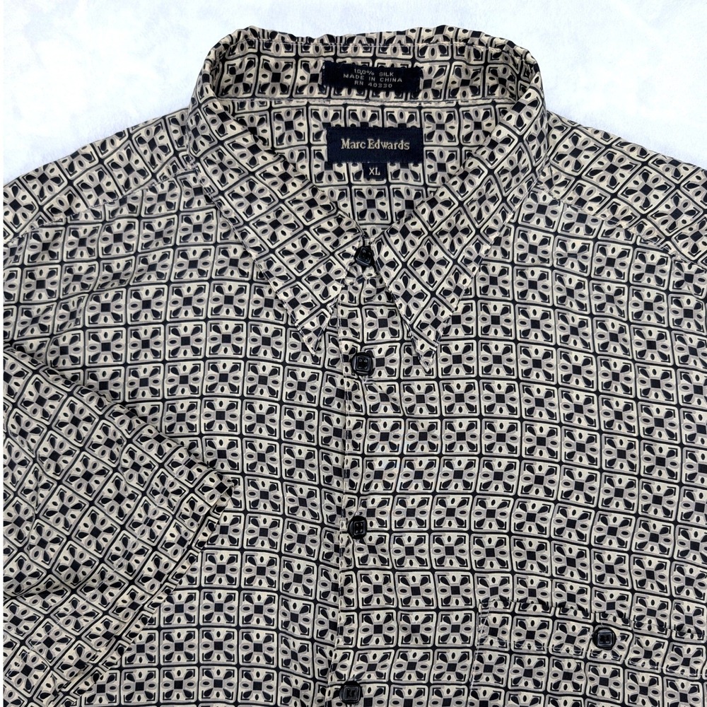Marc Edwards Mens Silk Short Sleeve‎ Button Up Shirt XL Geometric Beige Black